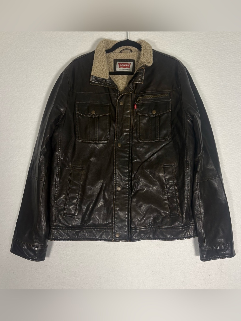 Levi's Men's Brown Leather Jacket Fur Body Body Lining Zip Snap , Large #J0092